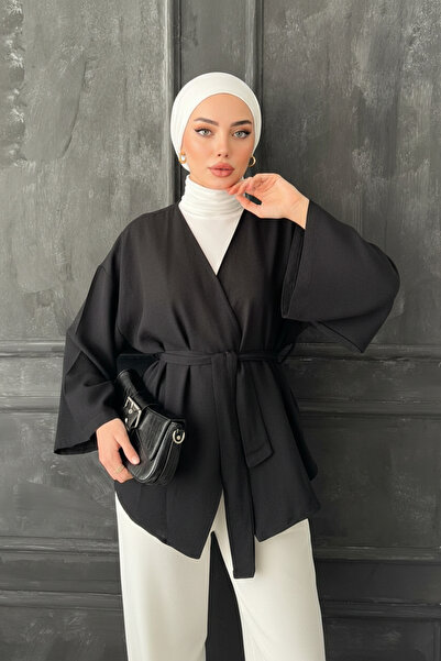 Zeneva Collection Μαύρο Γυναικείο Κιμονό με Ζώνη 1177-TES