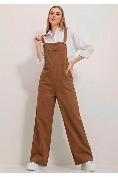 Little Visqon Kadın Geniş Paça Keten Görünümlü Bahçıvan Askılı Rahat Kesim Sa...