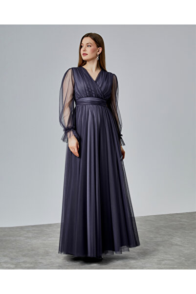 Asees Kruvaze Yaka Esnek Tül Abiye Elbise