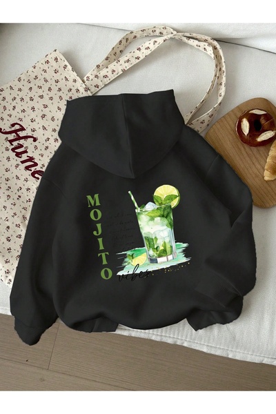 Deocept Унисекс суитшърт с качулка, джоб тип кенгуру, принт „Мохито“, свободн...