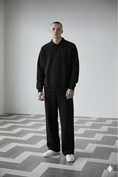 CAST COLLECTİON Men's Black Raglan Sleeve Roberto Buttoned Sweat Wide Leg Swe...