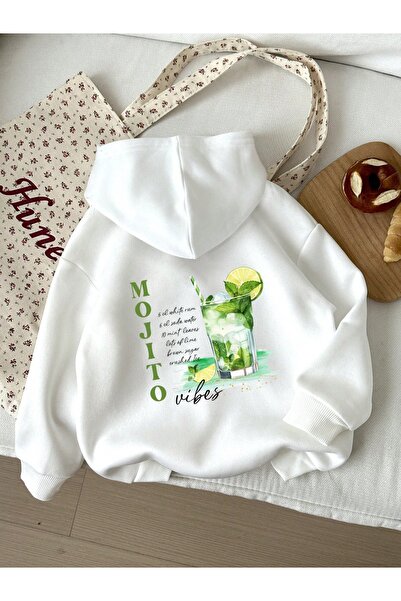 Deocept Унисекс суитшърт с качулка, джоб тип кенгуру, принт „Мохито“, свободн...