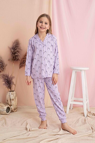 Tarık Set de pijamale pentru fete, cu model cu fundă liliac, cu nasturi în fa...