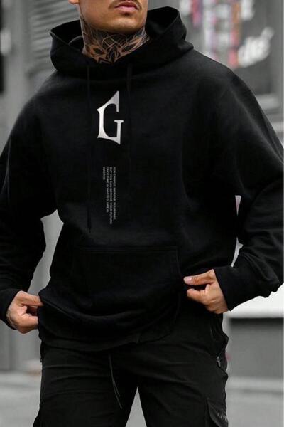 CAST COLLECTİON Men's Black g Vertical Printed Hooded Sweatshirt