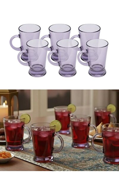 Premium Transparent Purple Glass Tea Mugs Set of 6 pcs with Handle
