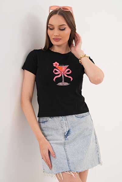 ŞİMAL Tricou de damă cu imprimeu și guler rotund - 260139