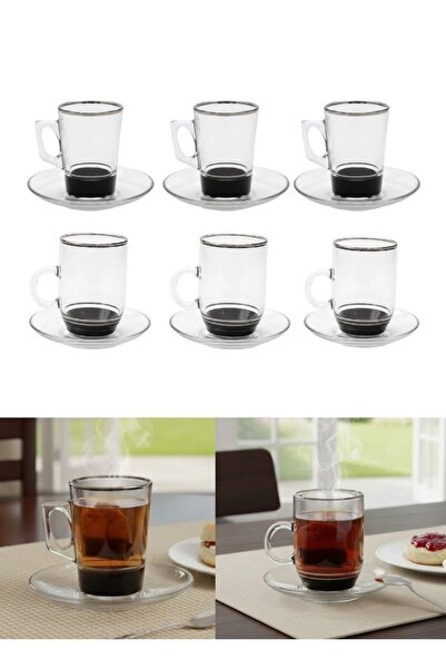 Premium Clear Glass Tea Cup and Saucer Set 6 pcs Black Base