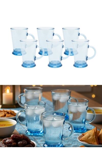 Premium Blue Glass Tea Mug Set of 6 pcs Classic Transparent Cups