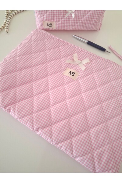 MB Pink Gingham Patterned Laptop Sleeve - Pen Holder Set - Compatible with 15...