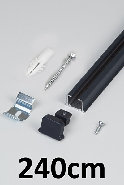İzen Tek Kanallı 240cm Antrasit Alüminyum Ray (19mm) Tekli Korniş + Metal Por...