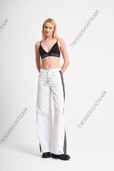 tw3 Women's White Straight Fit Jeans with Black Stripe Detail on the Sides