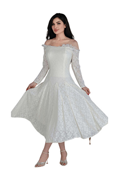 TREN Off Shoulder Lace Gown Long Sleeve Flared Skirt Midi Length Wedding Gues...