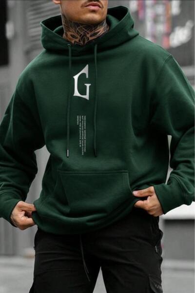 CAST COLLECTİON Men's Green g Vertical Printed Hooded Sweatshirt