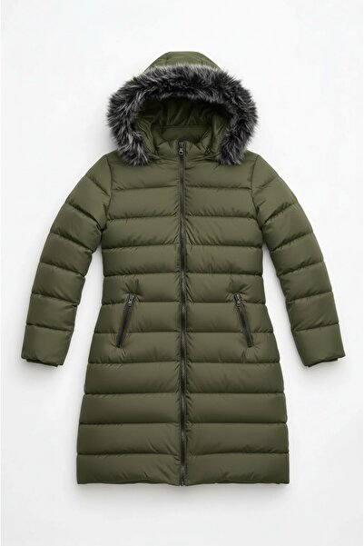 Talsmoda Women's Khaki Long, Hooded Lightweight Puffer Coat – Furry, Zippered...