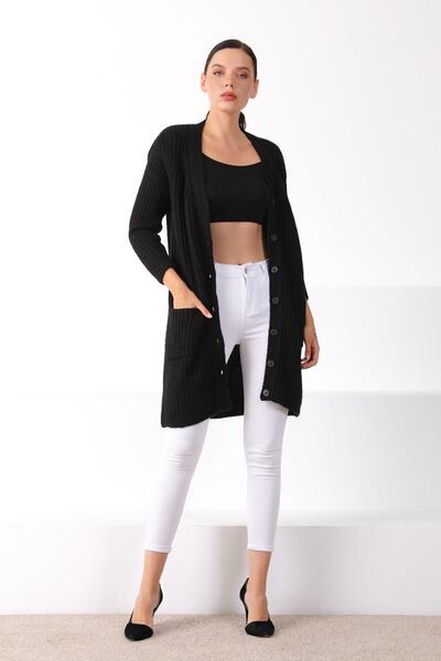 Ferraro Black Buttoned Wool Women's Knitwear Cardigan