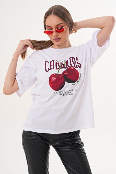 ŞİMAL Women's Print Detailed Crew Neck Oversize T-Shirt - 260064