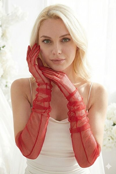 Hobigram Silk Aura Draped Red Long Tulle Gloves |   Elegant and Modern Coutur...