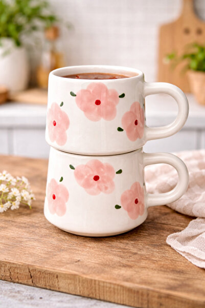 BB TRADE Handmade 2-Piece Pink Floral Patterned Ceramic Mug 200 ml
