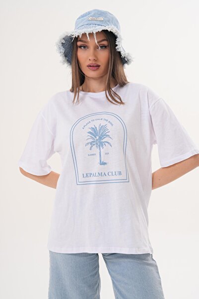 ŞİMAL Women's Print Detailed Crew Neck Oversize T-Shirt - 260063