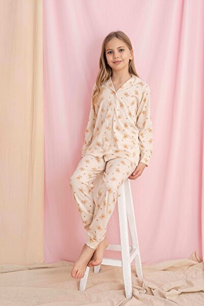 Tarık Girl's Beige Teddy Bear Pattern Front Buttoned Long Sleeve Knitted Comb...