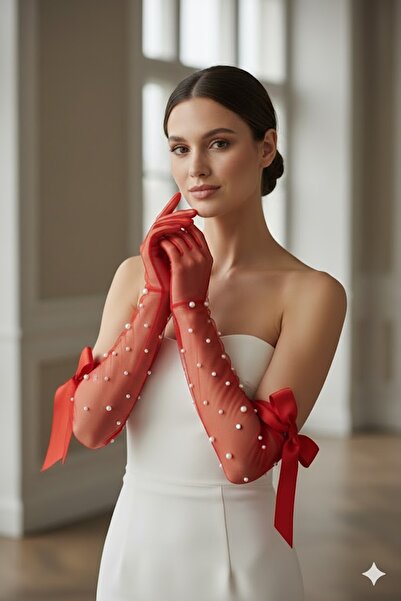 Hobigram Pearl Whisper Pearl Detailed Long Tulle Opera Gloves |   Elegant Spe...