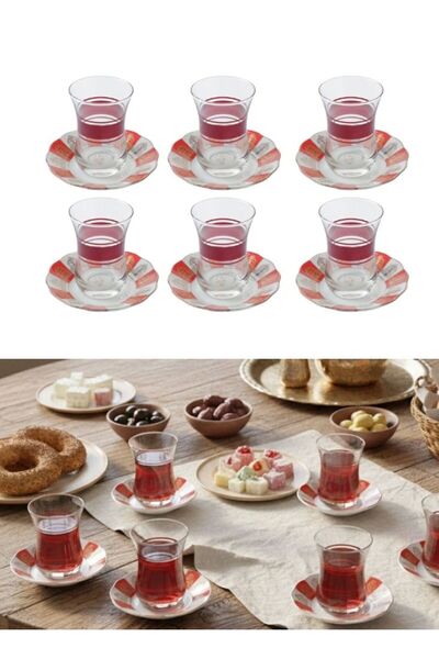Premium Red Turkish Tea Glass Set with Saucers 6 pcs