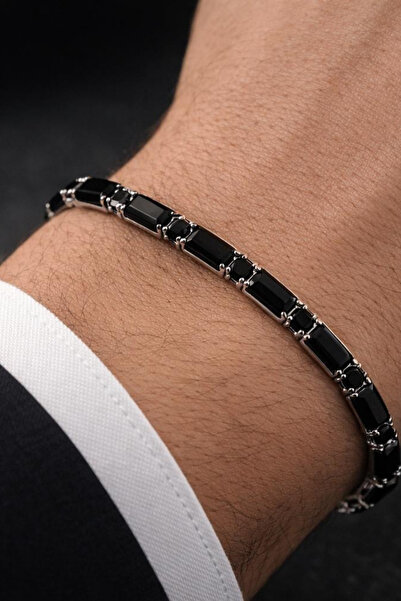 Silvano Jewelry Black Baguette Stone Steel Men's Bracelet