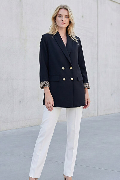 Kirazgym Women's Pocket Detailed Double Button Patterned Blazer Jacket - Black