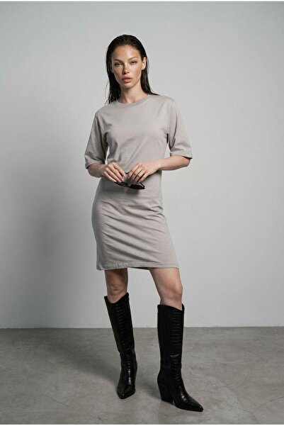 Madmext Painted Gray Crew Neck Half Sleeve Women's T-Shirt Dress Mg2656