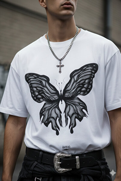 FUWEAR Μπλουζάκι Grunge Butterfly Design Oversize Λευκό Χτενισμένο Βαμβακερό ...