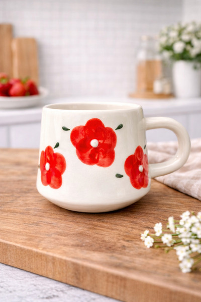 BB TRADE Handmade Red Floral Patterned Ceramic Mug 200ml