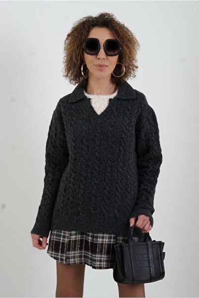 Zelish My Sister Anthracite Polo Collar Hair Braided Sweater