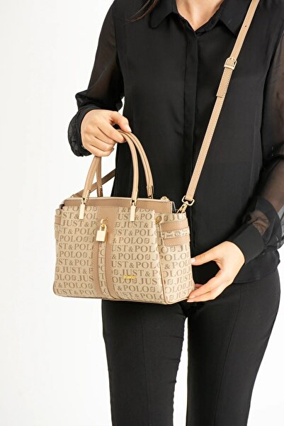 Just Polo Lock Detailed 4-Compartment Women's Shoulder Bag with Gold Accessor...