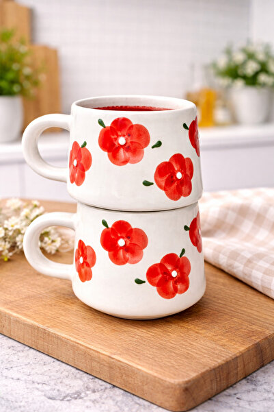 BB TRADE Handmade Set of 2 Red Flower Patterned Ceramic Mugs 200ml