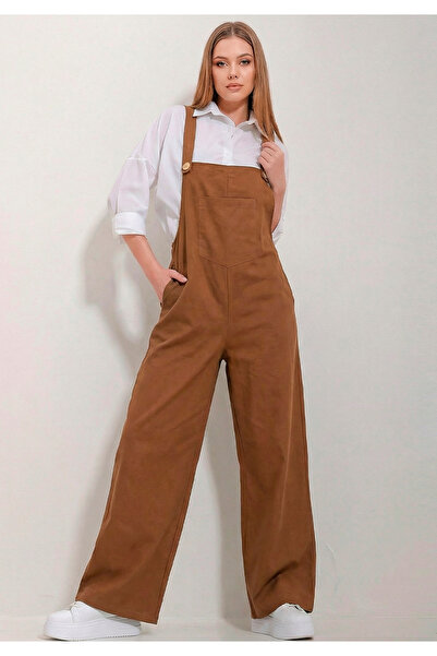 Little Visqon Kadın Geniş Paça Keten Görünümlü Bahçıvan Askılı Rahat Kesim Sa...