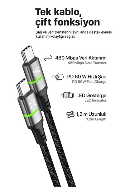 Xenon Smart Type C Hızlı Şarj Kablosu | Type-C to Type-C, 60W, 480 Mbps, 1.2m, PD, Örgü, Led Gösterge (X6421)