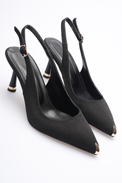 AleWomen Black Suede Pointed Toe Open Back 9 cm Heeled Arew Gold Toe Cap Deta...