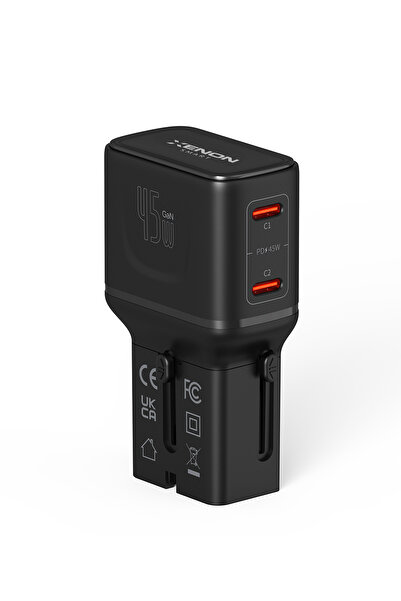 Xenon Smart Priz Dönüştürücü | 45W GaN Hızlı Şarj, 200+ Ülke, 2x USB-C, PD PP...