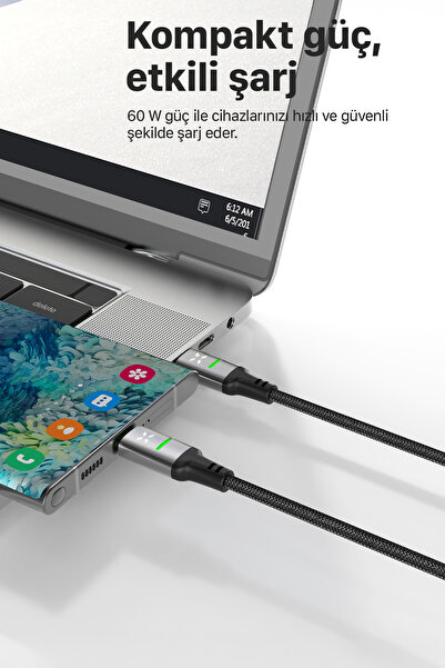 Xenon Smart Type C Hızlı Şarj Kablosu | Type-C to Type-C, 60W, 480 Mbps, 1.2m, PD, Örgü, Led Gösterge (X6421)