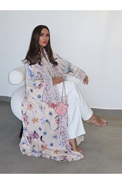 Noon Noora Printed Cardigan Jacket, Fashionable Abaya Robe with Headscarf