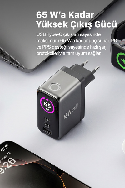Xenon Smart Hızlı Şarj Adaptörü | 65W, GaN, 2x USB-C ve 1 USB-A Çıkışlı, PD PPS, Dijital Güç Ekranlı (X6414)