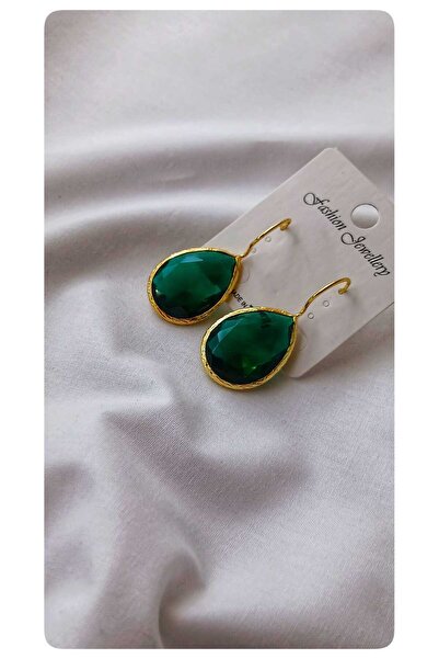 TrendimAksesuar Zümrüt Yeşili Oval Kesim Çelik Küpe