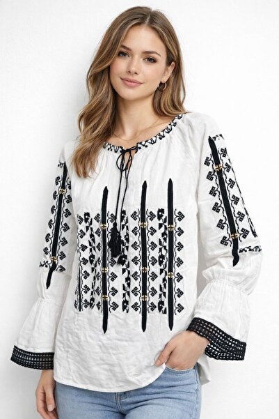 Nobrand White Romanian dress with black geometric embroidery and gold accents
