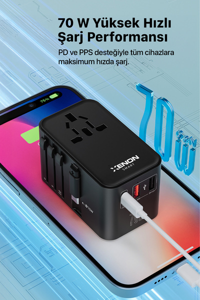 Xenon Smart Priz Dönüştürücü | 70W GaN Hızlı Şarj, 200+ Ülke, Dahili USB-C Kablo, USB-C, 2x USB-A (X6411)