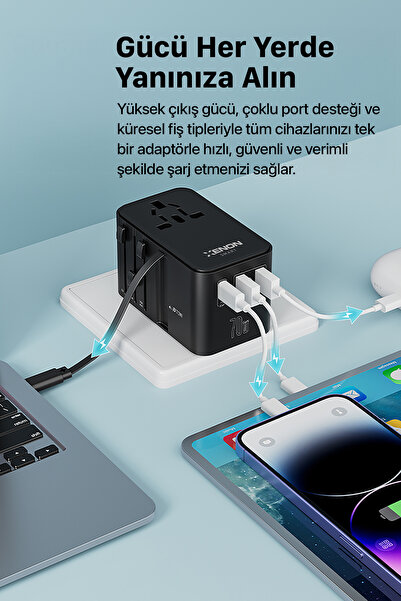 Xenon Smart Priz Dönüştürücü | 70W GaN Hızlı Şarj, 200+ Ülke, Dahili USB-C Kablo, USB-C, 2x USB-A (X6411)