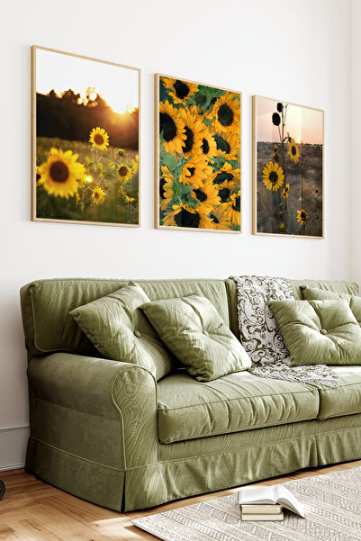 kutuTR Ahşap Çerçeveli 2D UV Baskı 3'lü Tablo set–Modern Ayçiçeği Tarlası- CR...