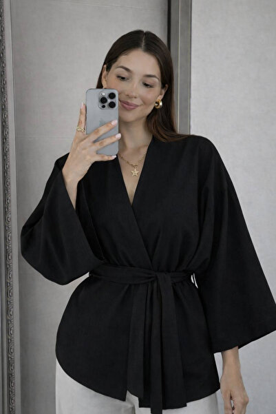 DELBİN Women's Linen Belted Kimono