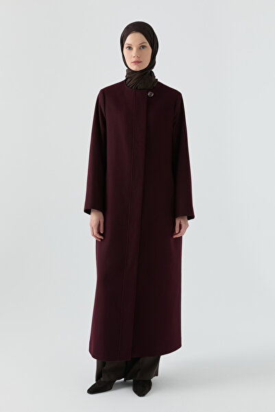 Tuğba Gizli Pat Düğmeli Basic Manto - Mürdüm