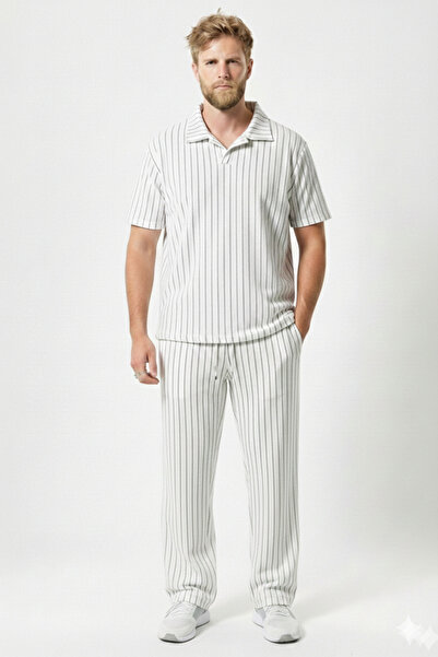 NİCE Men's White Striped Crepe Fabric Wide-Legged Polo Collar Top and Bottom Set