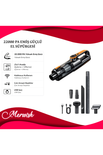 Merwish 22000 PA Kablosuz El Süpürgesi Çekme Üfleme LED Işıklı Şarjlı Mini Ar...